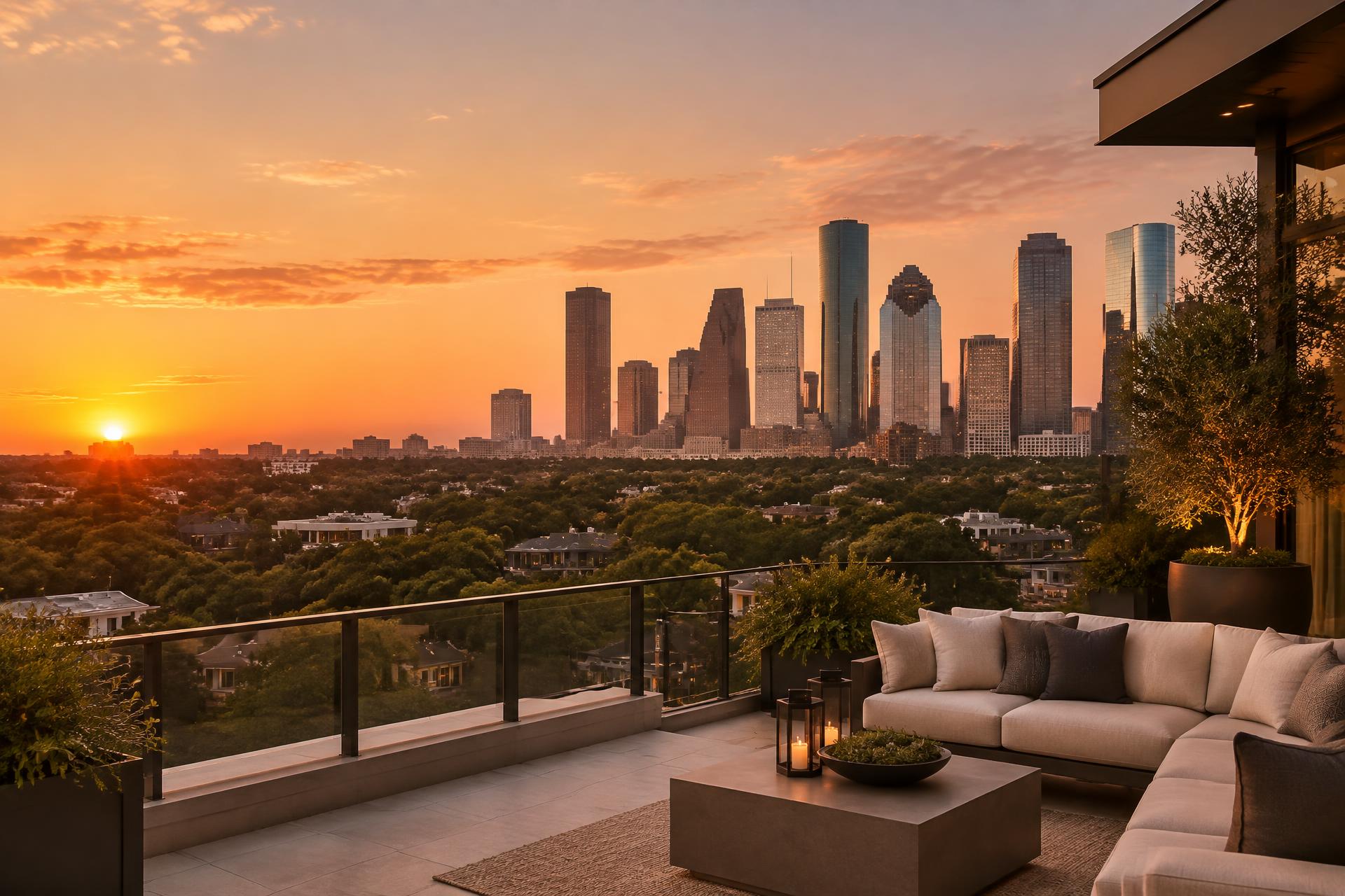 Houston skyline glowing at sunset beyond a refined residential terrace